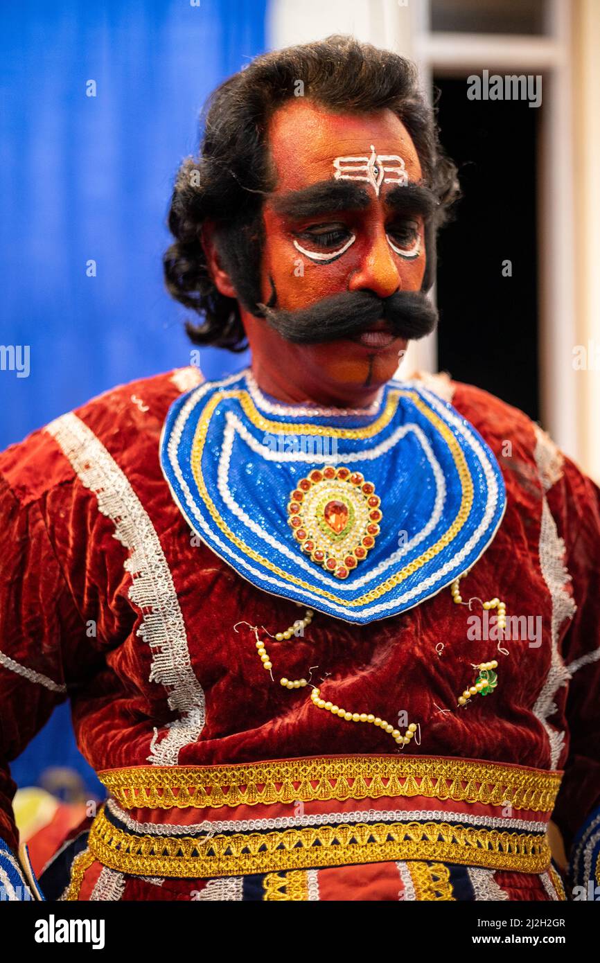 Portrait of man dressed as Virabhadra for the annual folk dance ...