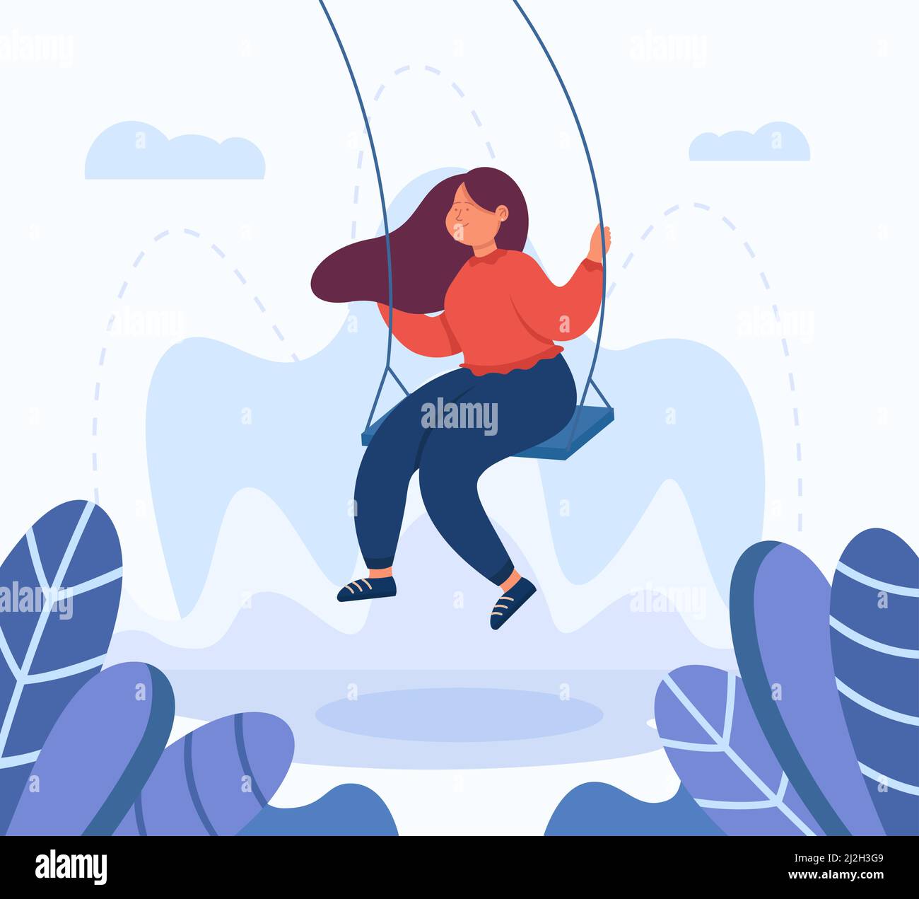 Adult female cartoon character swinging on swing. Happy girl in good mood having fun outdoors flat vector illustration. Lifestyle, leisure concept for Stock Vector