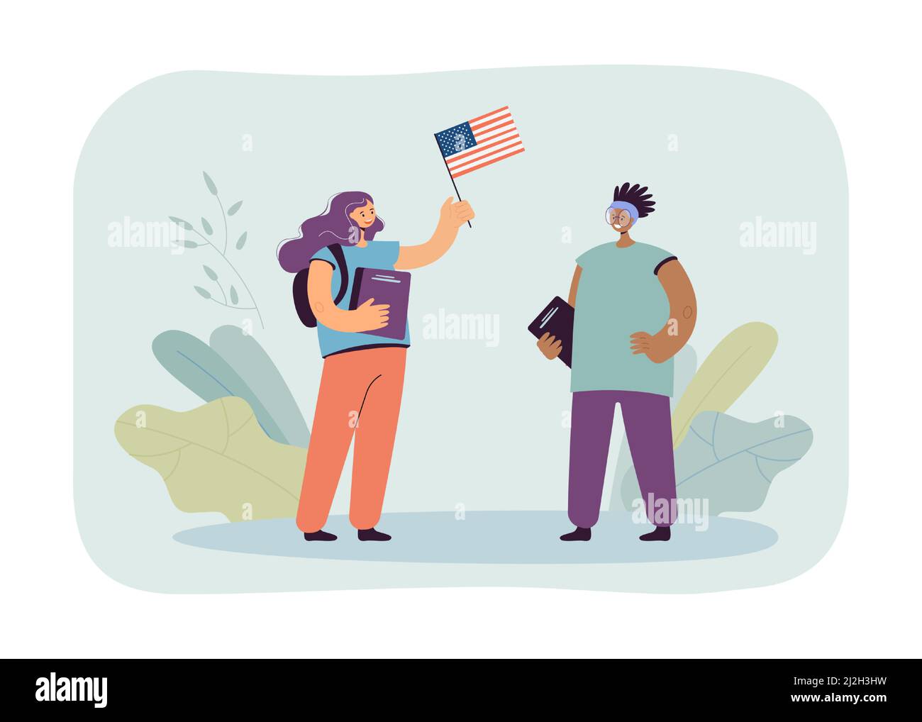 American exchange student meeting Caucasian girl with USA flag. Pupils from different countries flat vector illustration. International or global comm Stock Vector