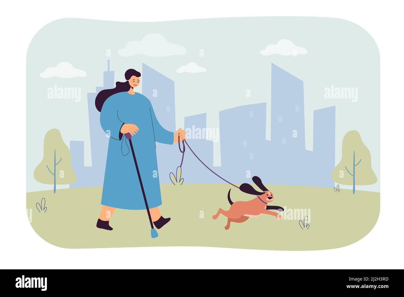 Blind cartoon woman on walk with guide dog in park. Disabled female character with walking stick flat vector illustration. Disability, assistance conc Stock Vector