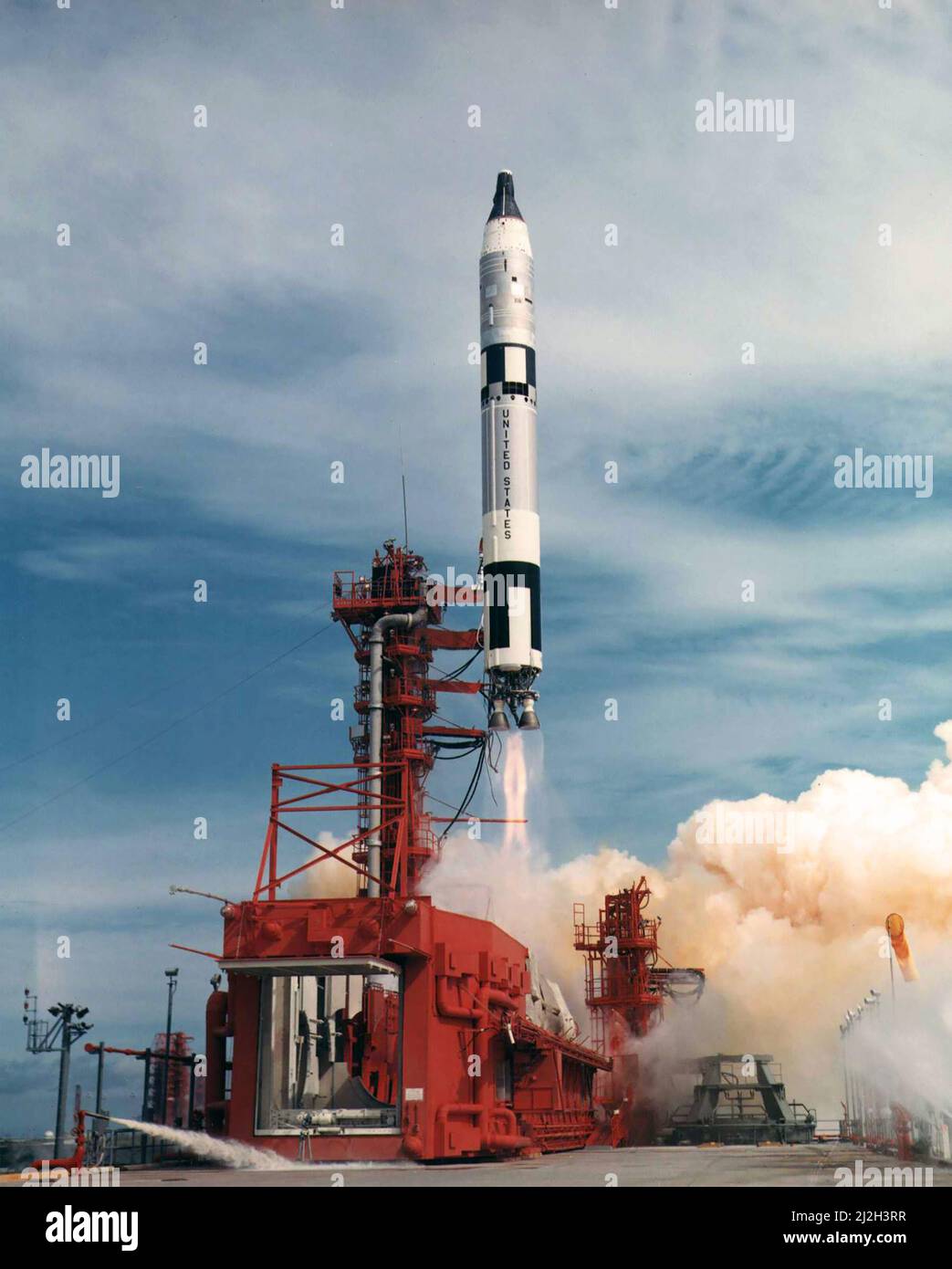 The Gemini-11 spacecraft, carrying astronauts Charles Conrad Jr., command pilot, and Richard F. Gordon Jr., pilot, taking off from the Kennedy Space Center's Launch Complex 19 on Sept. 12, 1966. Stock Photo