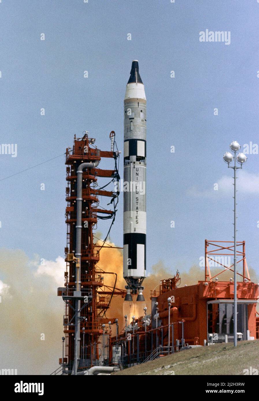 The launch of Gemini 1, the first mission in the Gemini program. It was unmanned Stock Photo