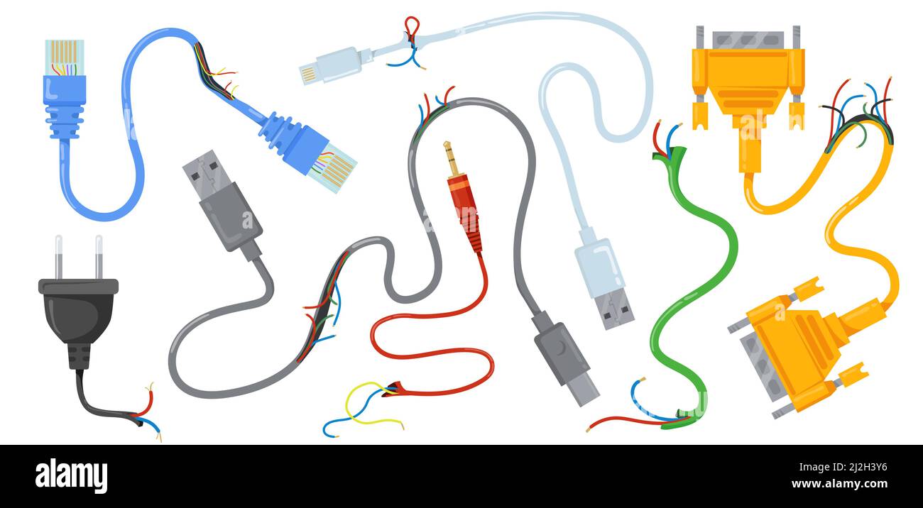 Broken USB cables and wires vector illustration set. Damaged electric