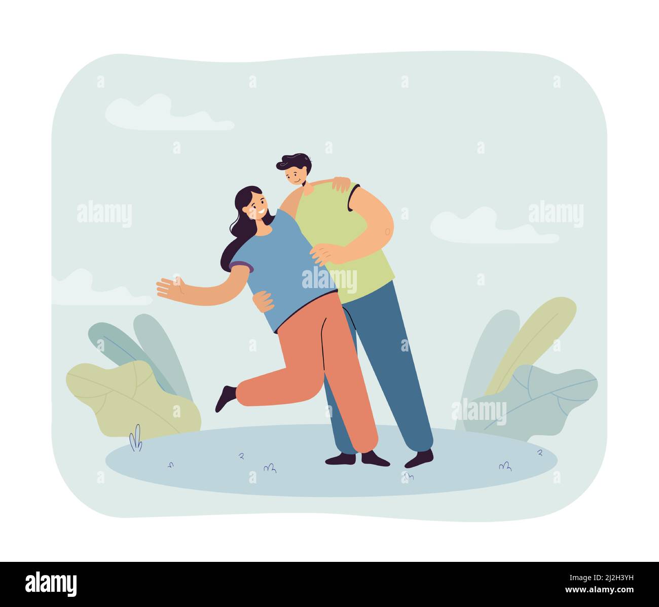 Boyfriend holding girlfriend romantically. Happy couple, male and female characters on date flat vector illustration. Romance, relationship concept fo Stock Vector
