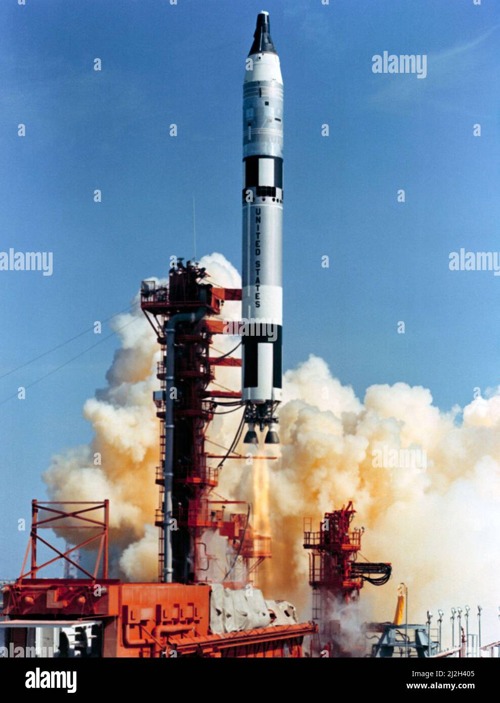 The launch of the Gemini-5 spacecraft from Kennedy Space Center on Aug. 21, 1965, on an eight-day orbital mission. Astronaut L. Gordon Cooper Jr. was the command pilot and astronaut Charles Conrad Jr. was the pilot. Stock Photo