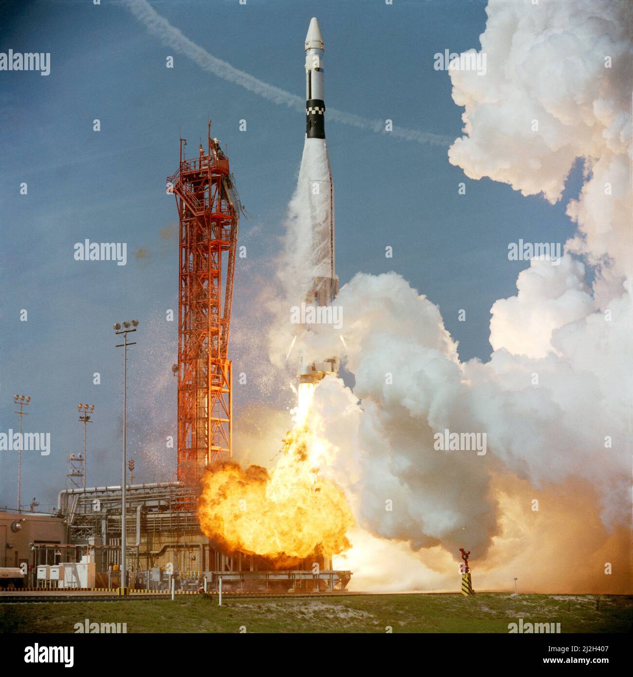 The launchof the Agena Target Vehicle for the Gemini 8 mission. The flight crew for the 3 day mission, astronauts Neil A. Armstrong and David R. Scott, achieved the first rendezvous and docking to Atlas/Agena in Earth orbit. Stock Photo