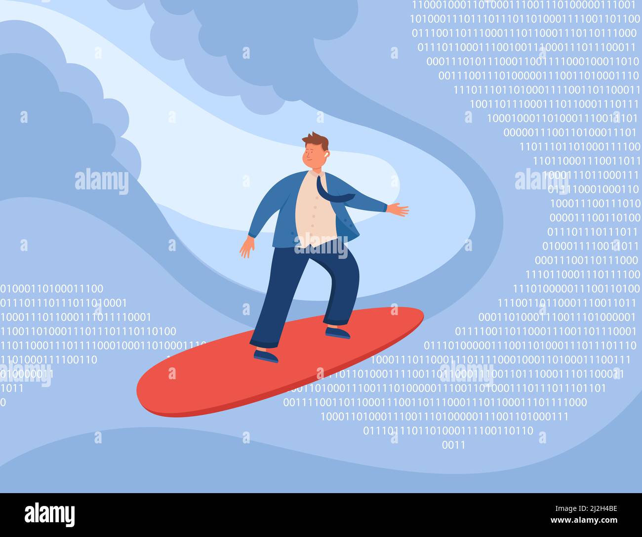 Cartoon businessman surfing on waves of binary numbers. Man exploring digital world full of computer codes flat vector illustration. Challenge, techno Stock Vector