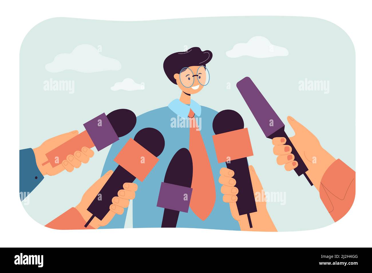 Cartoon man giving opinion to public press. Hands holding mics, guy giving interview or comments flat vector illustration. Television, journalism conc Stock Vector