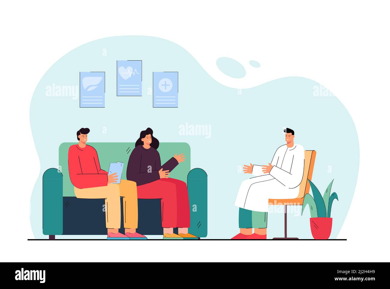 Cartoon married couple communicating with doctor. Flat vector illustration. Man and woman sitting on sofa in doctor office consulting with medical pro Stock Vector
