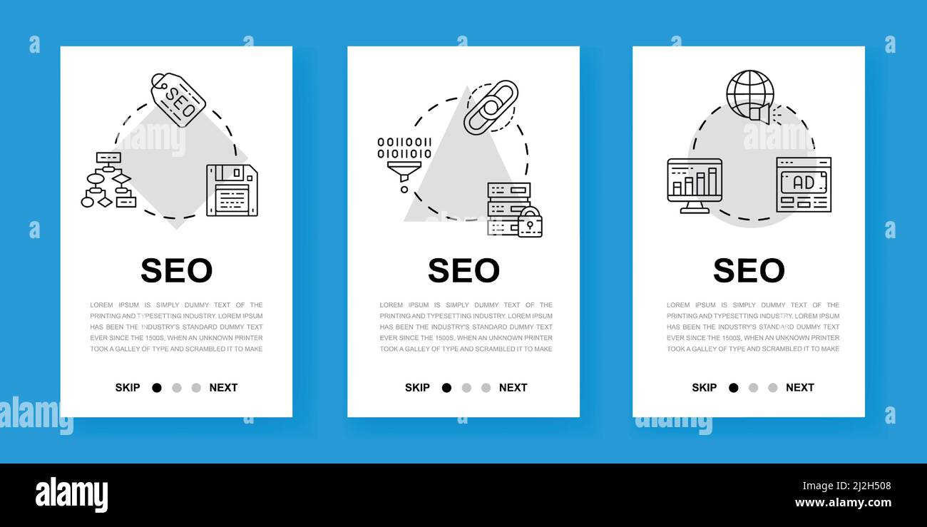 SEO vertical app screens. Web site design illustration. Bookmark, Hyperlink, Advertisement, Data Transfer mobile banners for website development. Stock Vector