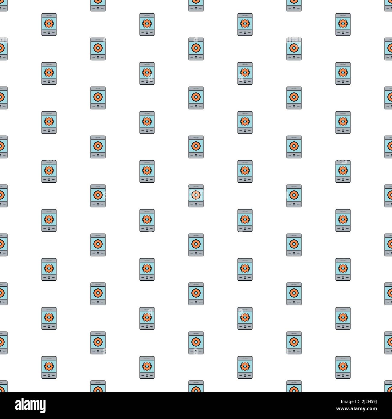 Vector phone with gear, smartphone repair, mobile development pattern with various icons. Stock Vector