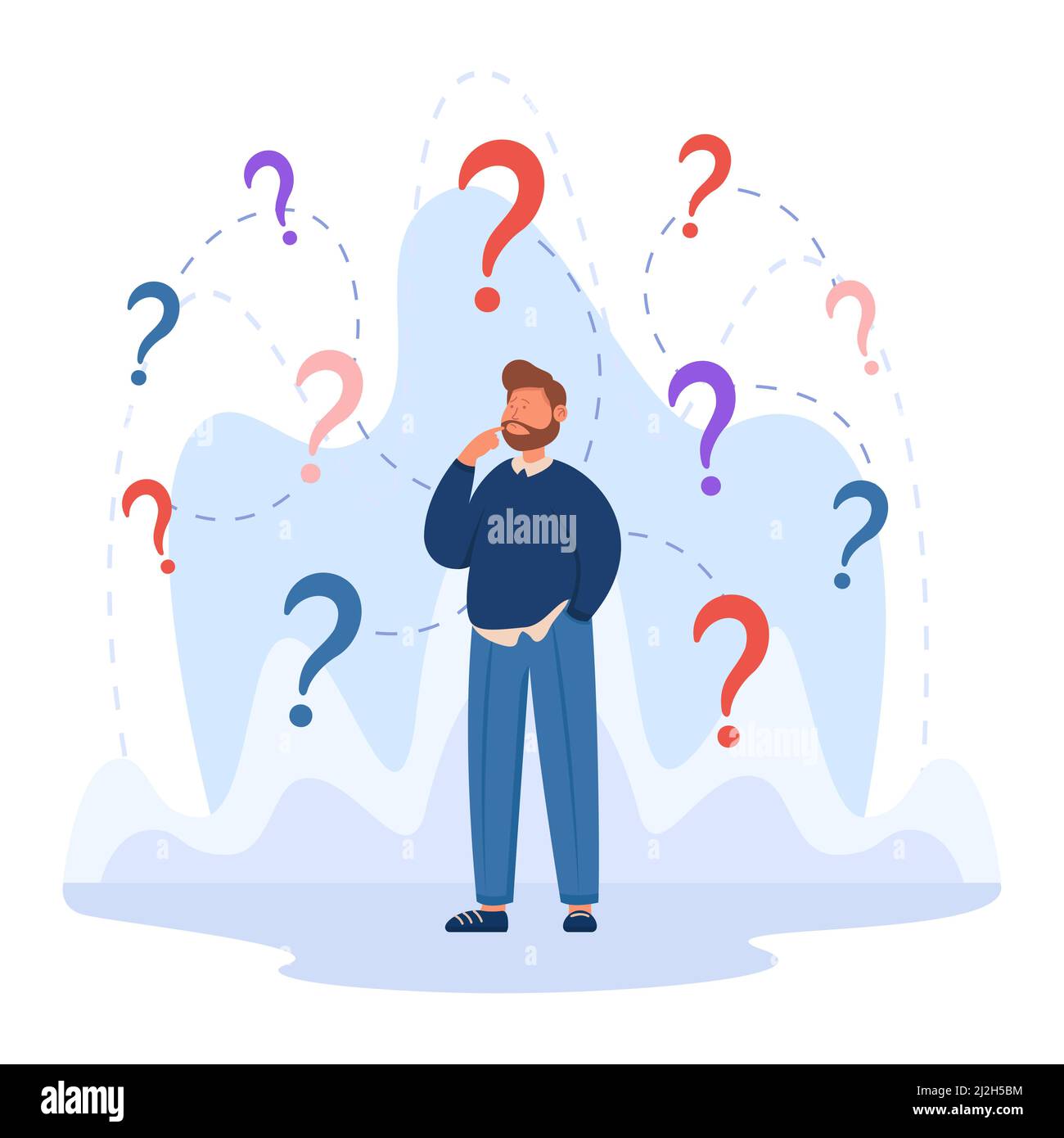 Confused business character making important decision. Man with questions, different options, making choice flat vector illustration. Goal, success, s Stock Vector