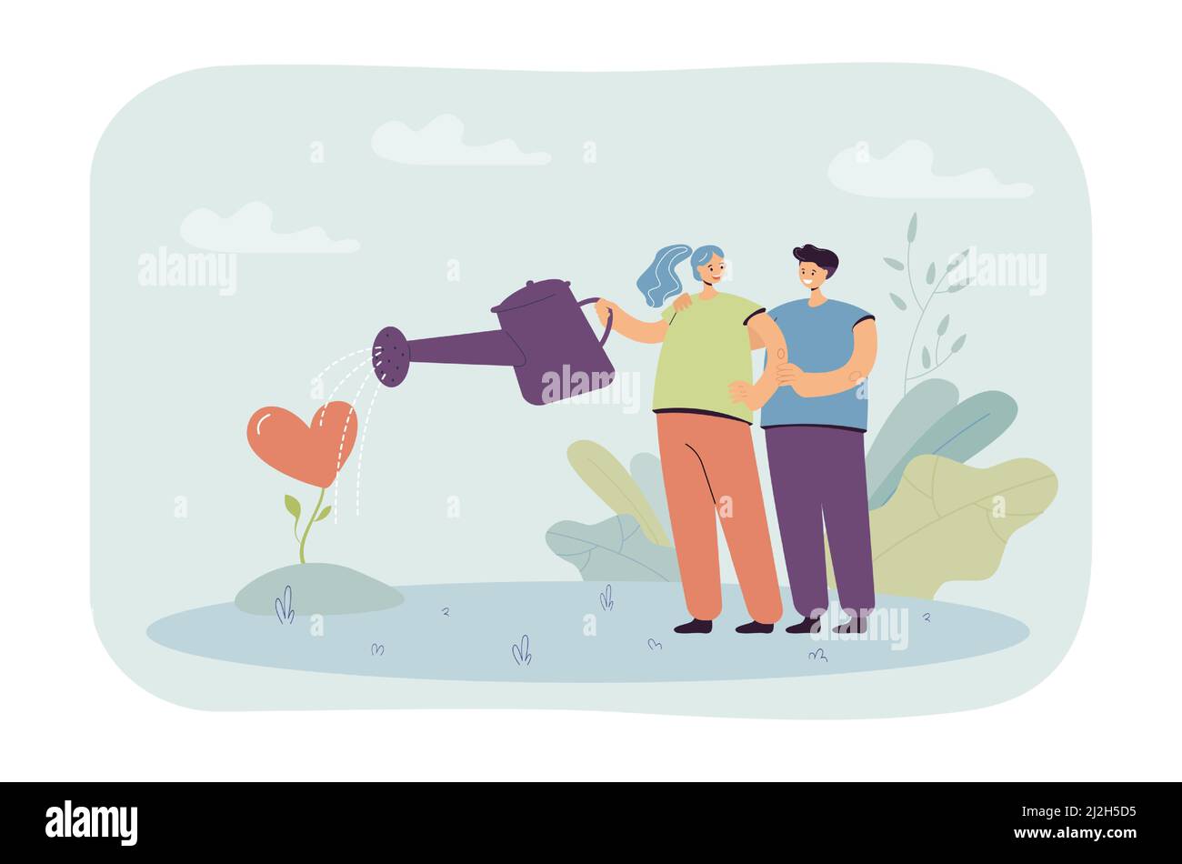 Couple caring about love vector illustration. Joyful smiling man and woman watering heart shaped flower symbolizing their love. Happy relationship con Stock Vector