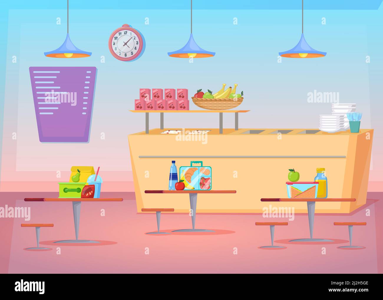 Cozy empty canteen interior cartoon illustration. Flat vector picture of cafe space with healthy food on tables, chairs, menu. Can be used for restaur Stock Vector