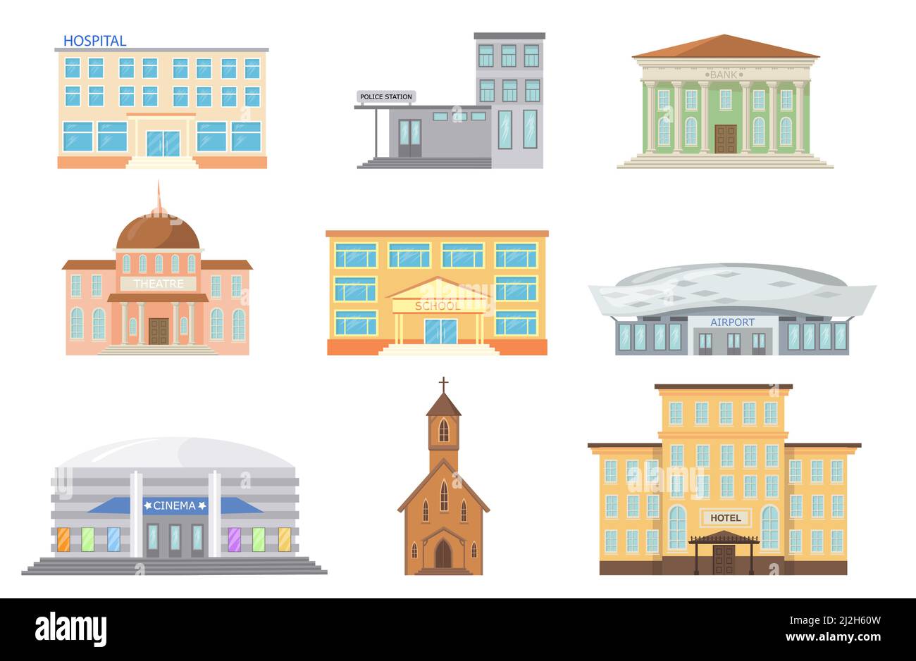 Facades of city buildings vector illustrations set. Hospital, police station, cinema, airport, hotel, church, school, theatre, bank isolated on white Stock Vector