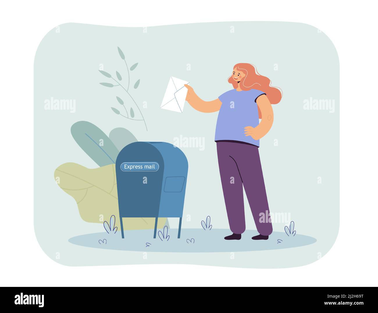 Girl putting letter in mailbox flat vector illustration. Happy female character sending letter by express mail. Delivery, correspondence concept for b Stock Vector