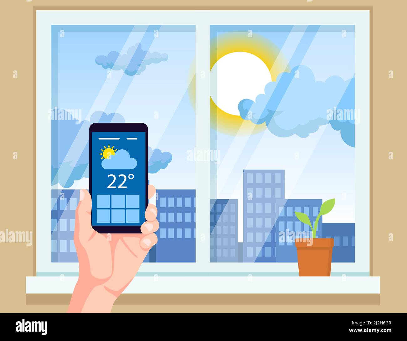 Hand holding mobile phone with weather app vector illustration. Checking weather forecast before leaving home. Window, city, sun in background. Techno Stock Vector
