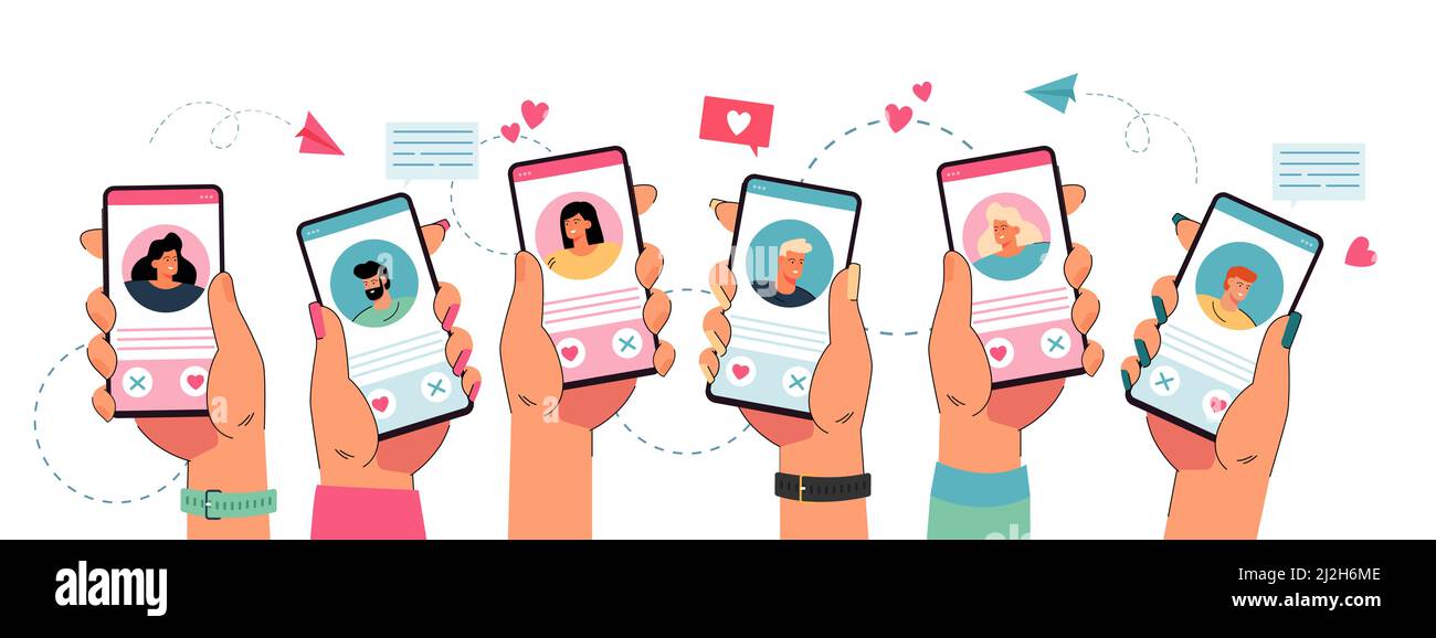 Hands holding phone with dating app. Young people liking profiles in online application flat vector illustration. Relationship, love, technology, roma Stock Vector