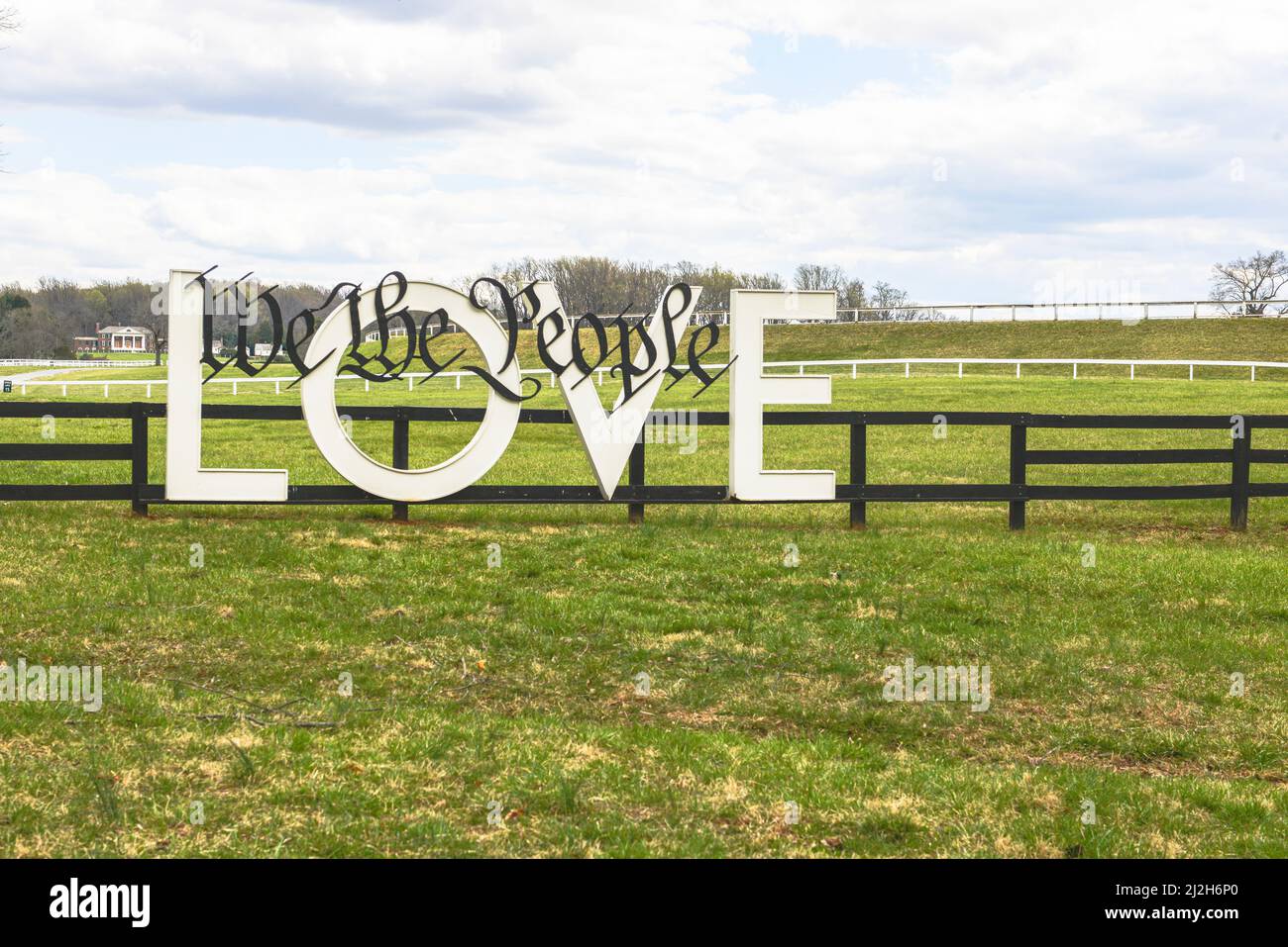 Loveworks Project, We The People Love sign with Montpelier, home of 4th President James Madison in the background. No people. Virginia is for Lovers. Stock Photo