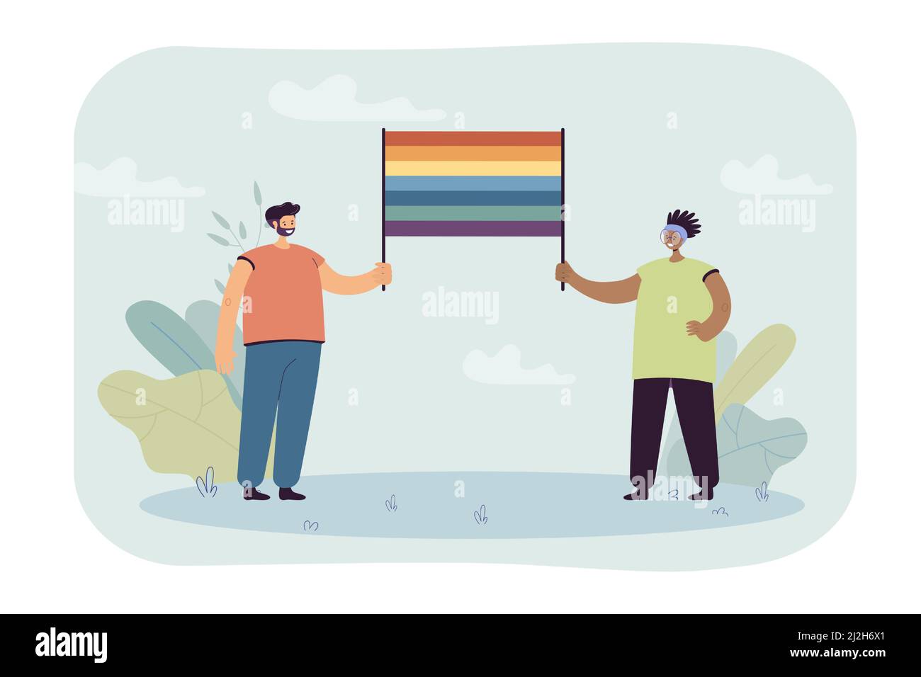 Happy couple or friends holding rainbow flag together. Cartoon characters supporting LGBT community flat vector illustration. LGBT, diversity, love co Stock Vector