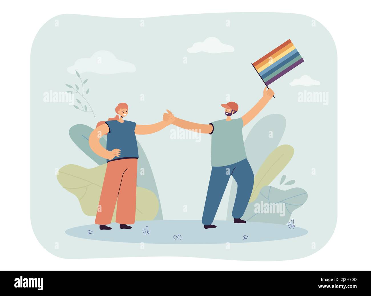 Happy couple supporting LGBT community. Male character holding rainbow flag flat vector illustration. LGBT, equality, love, human rights concept for b Stock Vector