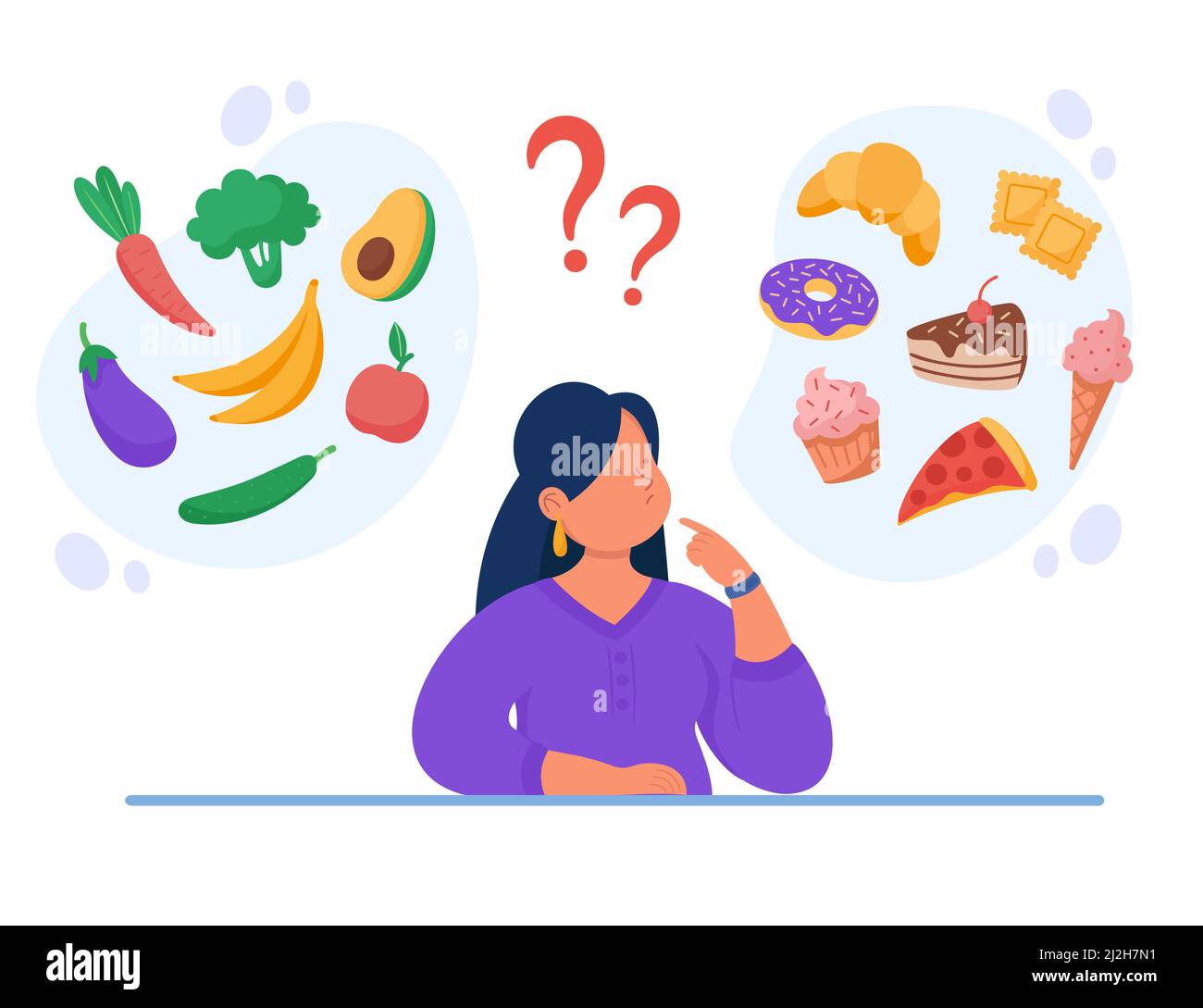 https://c8.alamy.com/comp/2J2H7N1/healthy-vs-unhealthy-food-vector-flat-illustration-woman-thinking-over-junk-food-and-organic-snack-diet-bad-or-good-choice-concept-2J2H7N1.jpg