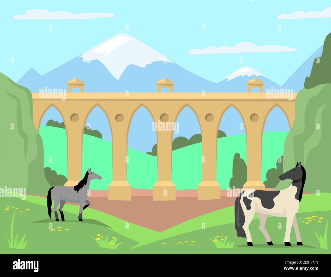 Horses grazing in background of old bridge and landscape. Cartoon vector illustration. Summer meadow, horses, mountains and Victorian bridge. Nature, Stock Vector