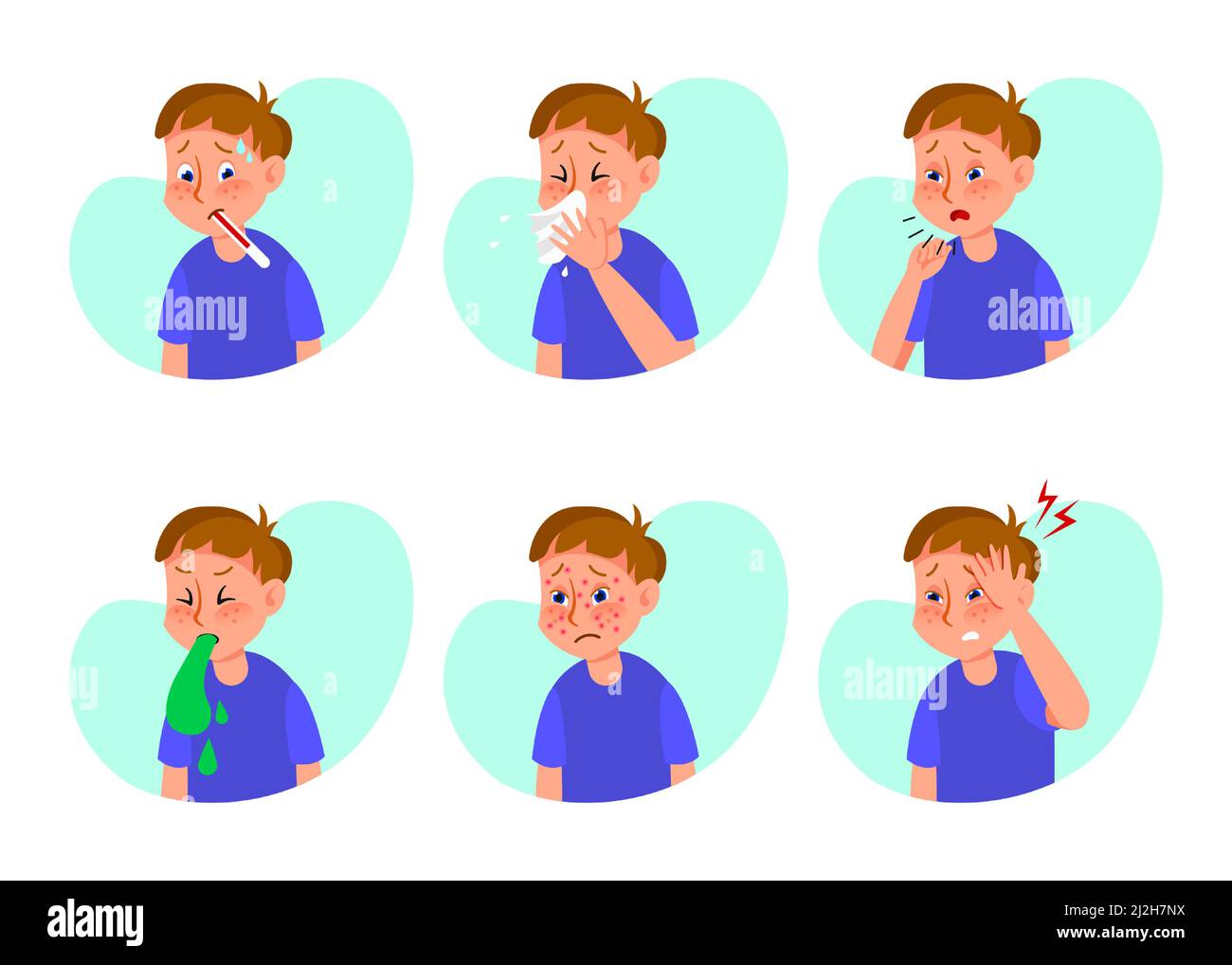 Ill boy with flu or cold flat vector illustrations set. Cartoon kid