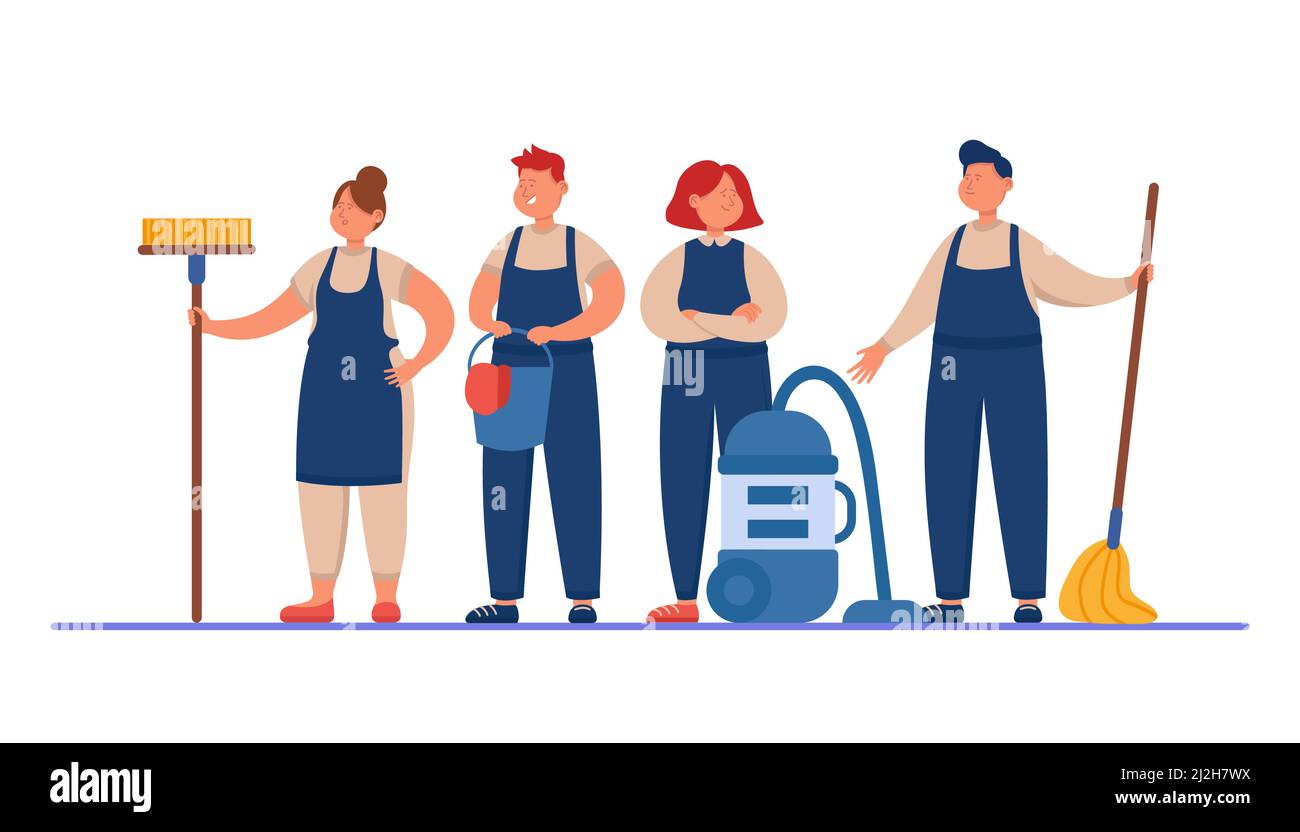 Male and female cleaning staff with mops and vacuum cleaner. Team of