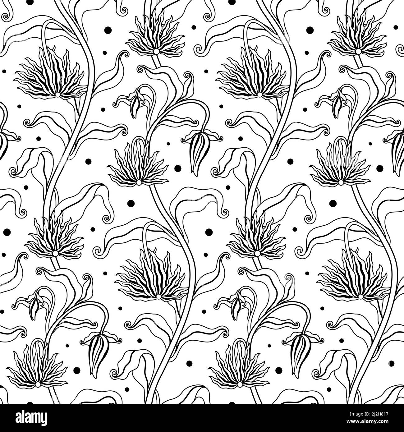 Black and White Hand Drawn Floral Vector Seamless Pattern Stock Vector
