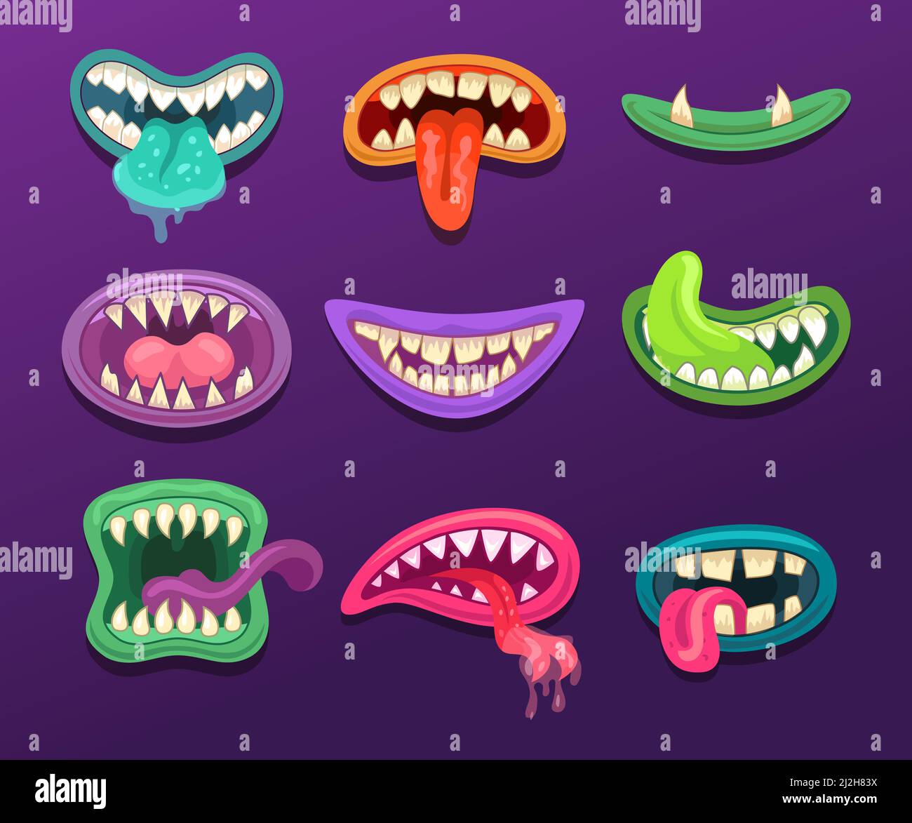 Monster mouths illustrations set in cartoon style. Cute creature mouths with tongue and teeth and dripping saliva. Halloween caricature monster collec Stock Vector