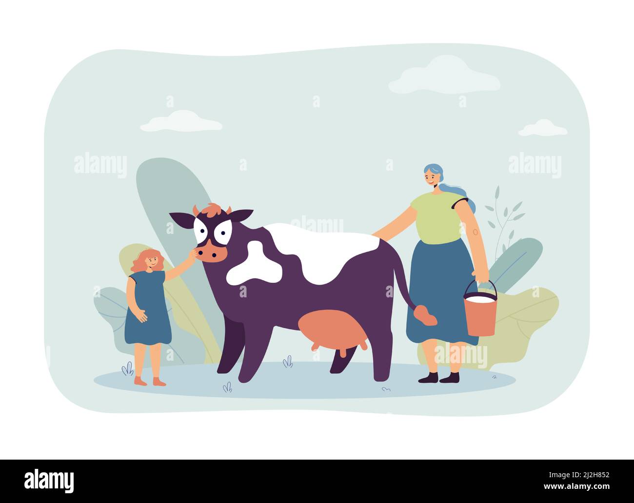 Mother and daughter milking cow. Woman with bucket of milk, girl stroking domestic animal with udder flat vector illustration. Agriculture, dairy conc Stock Vector