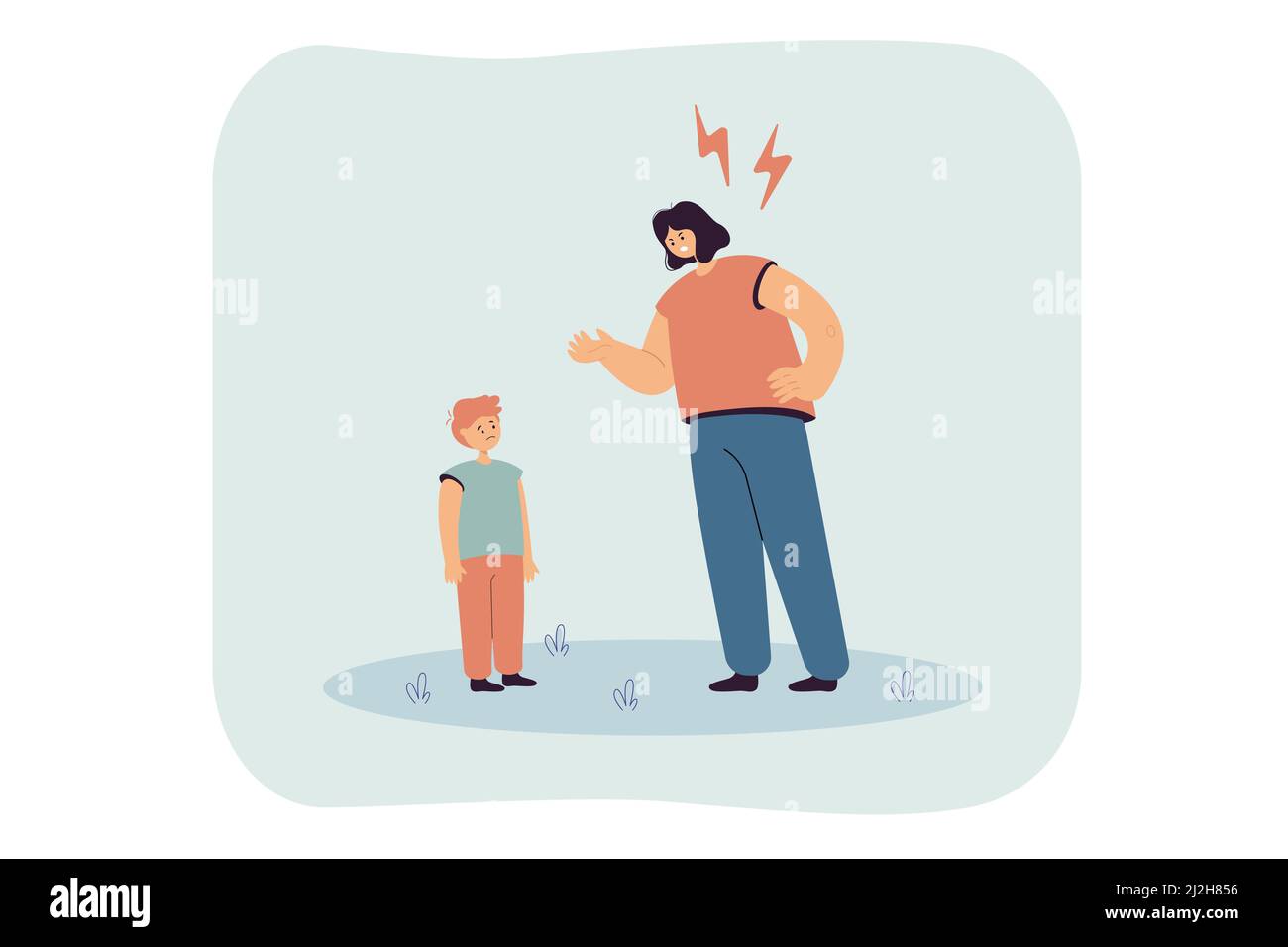 Mother reproaching upset kid flat vector illustration. Angry woman punishing naughty son, scolding child. Family, conflict, parenting, argument, viole Stock Vector