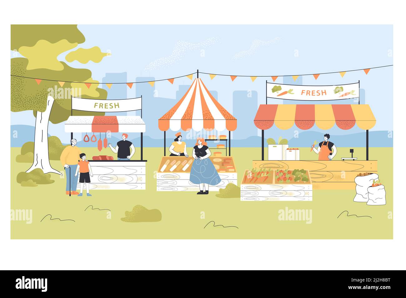 People buying organic food at local street market. Cartoon vendors characters selling fresh vegetables and bread flat vector illustration. Trade, mark Stock Vector