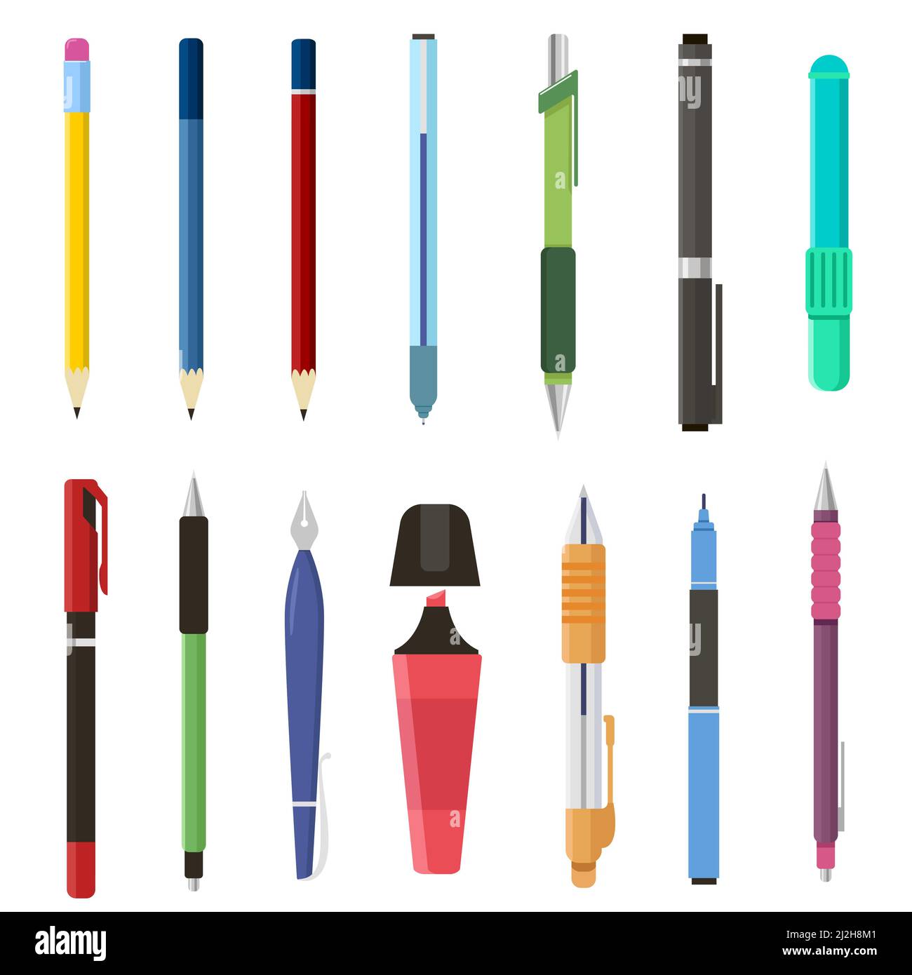 School pens and pencils set. Vector illustrations of stationery