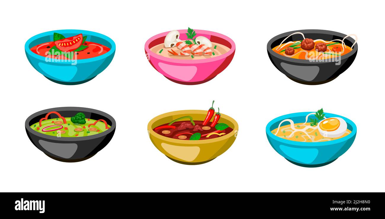 Set of colorful bowls of soup. Cartoon vector illustration. Hot