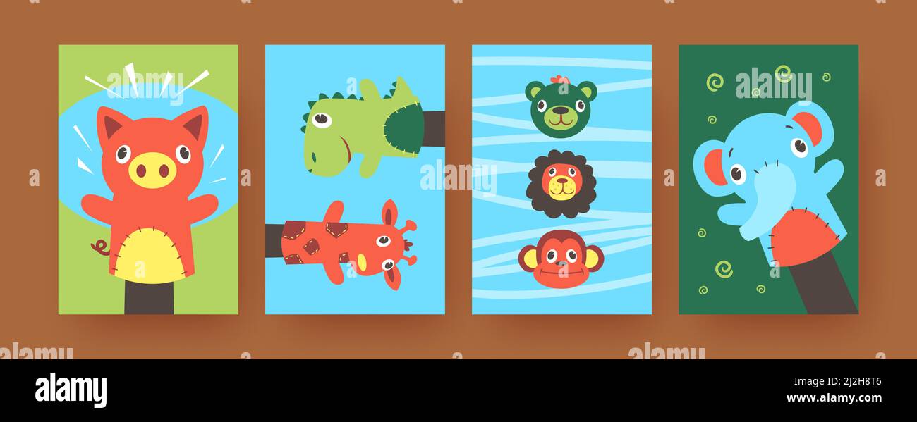 Set of contemporary art posters with cute hand sock puppets. Vector illustration.  Colorful collection of hand sock toys in form of soft animals in co Stock Vector