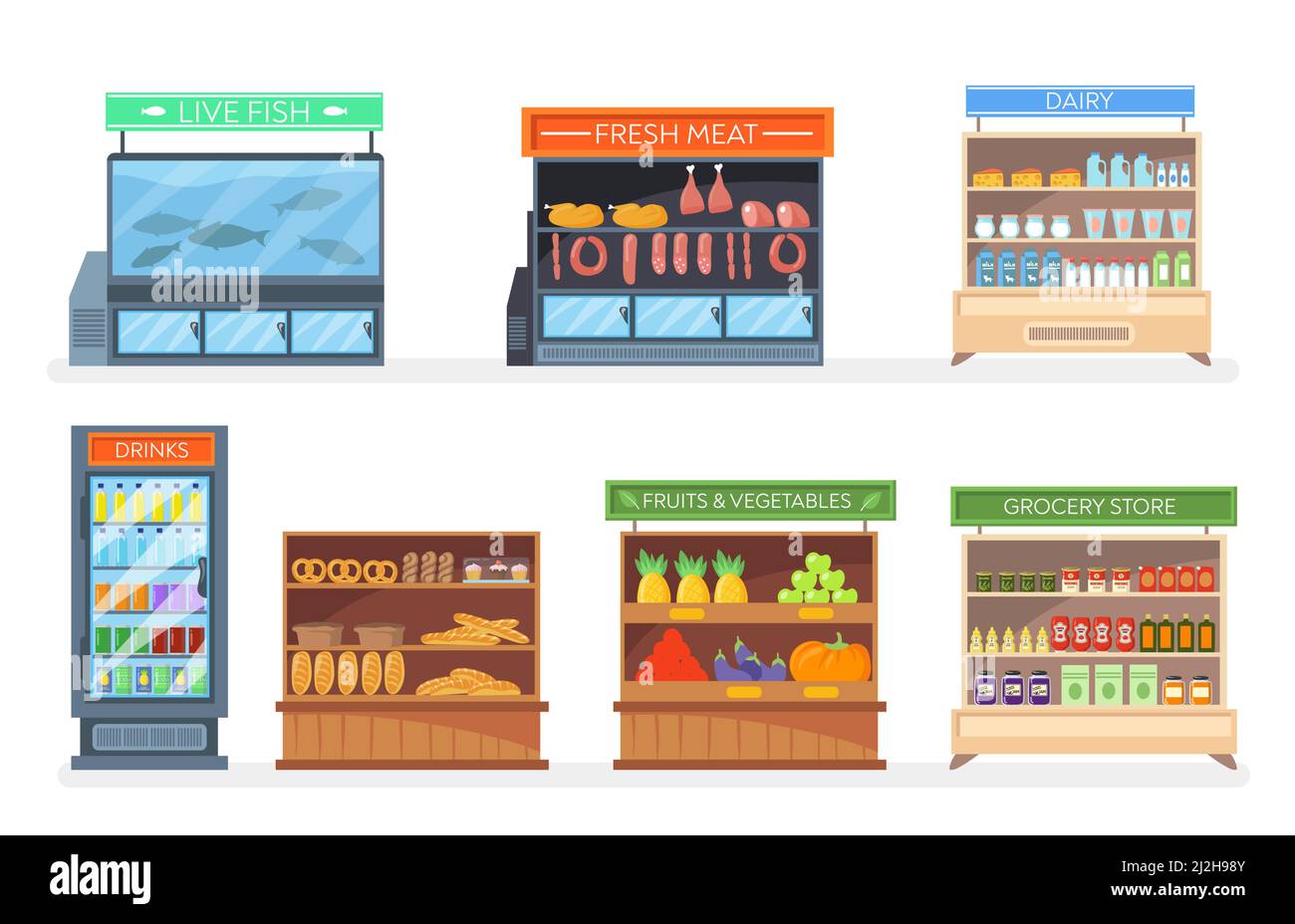 Set of racks and refrigerators with food. Cartoon vector illustration. Grocery, pastry, dairy, fish, meat, fruit, vegetable racks with shelves of prod Stock Vector