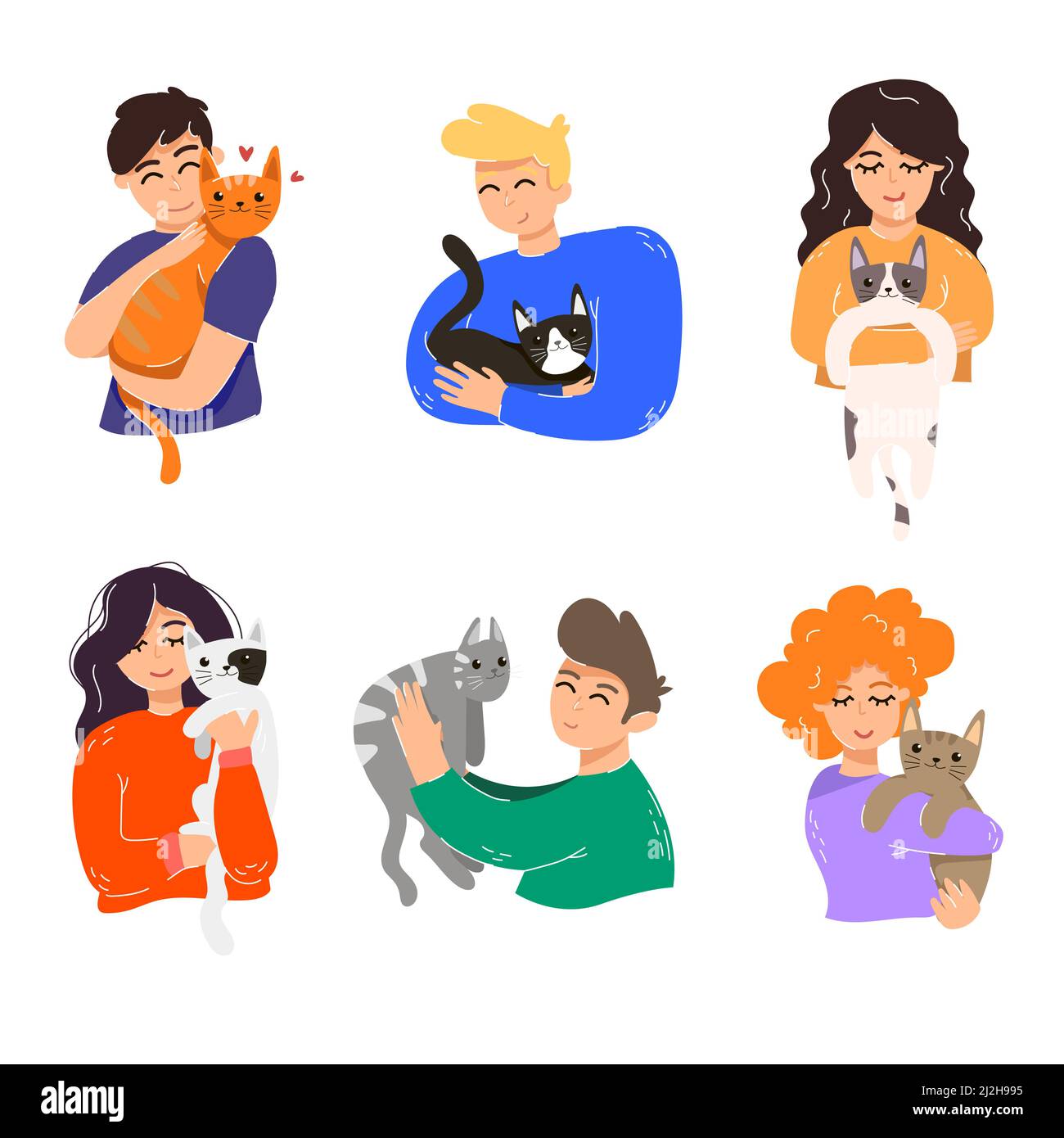 Set of people hugging their cats. Cartoon vector illustration. Men and women cuddling and caring about animals, owners holding furry pets on shoulders Stock Vector