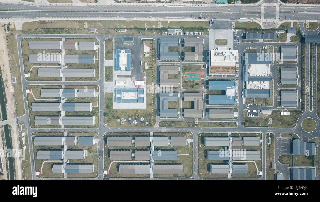 GUANGZHOU, CHINA - APRIL 2, 2022 - An aerial photo taken on April 2, 2022 shows the Guangzhou International Health Station in Guangzhou, Guangdong Pro Stock Photo