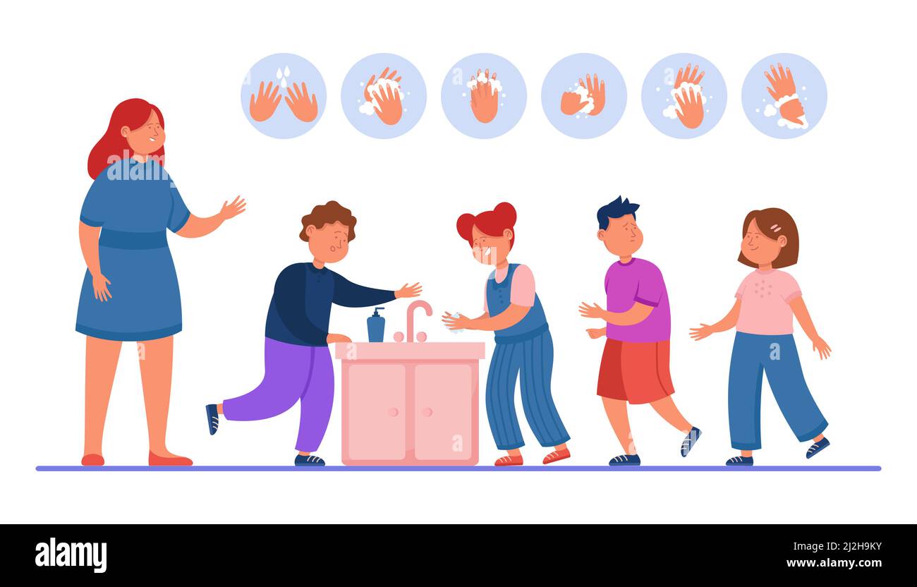 Teacher watching kids washing hands in school bathroom. Woman teaching children proper handwashing flat vector illustration. Hygiene, education concep Stock Vector