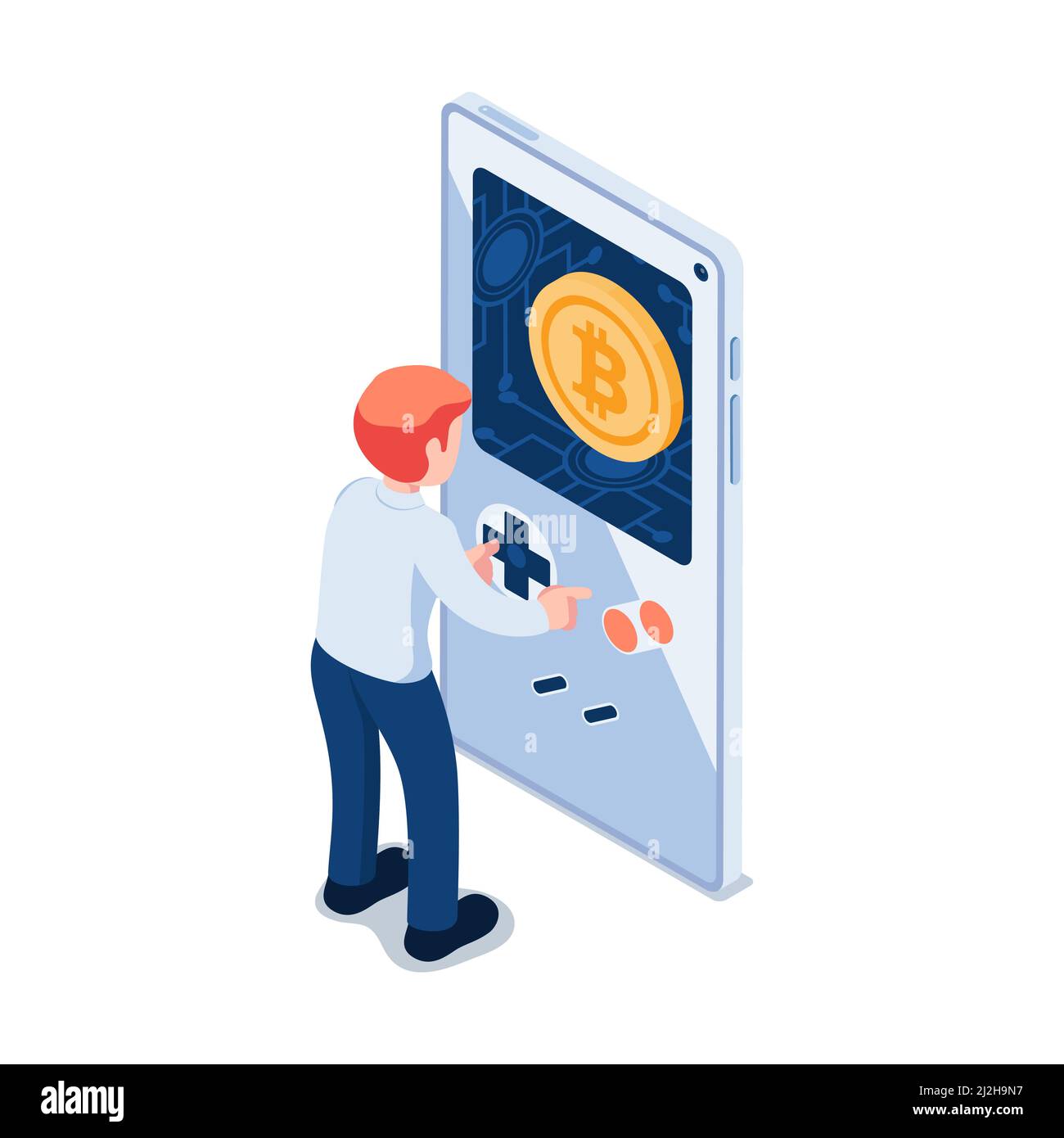 Flat 3d Isometric Businessman Playing Games on Smartphone and Earn Bitcoin. Play to Earn Concept. Stock Vector
