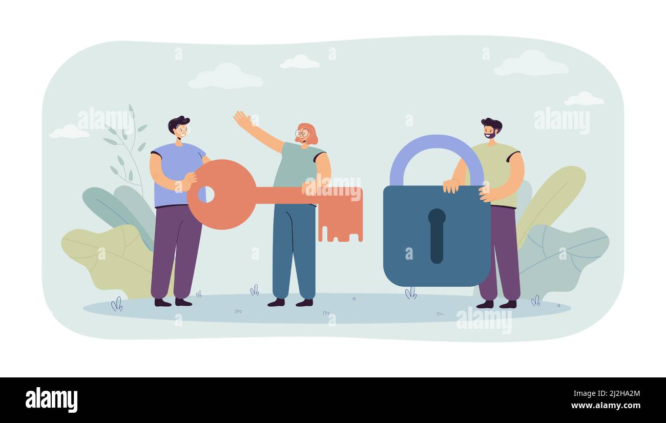 Tiny man holding lock and women with key in hands. People protecting personal data information flat vector illustration. Safety concept for banner, we Stock Vector
