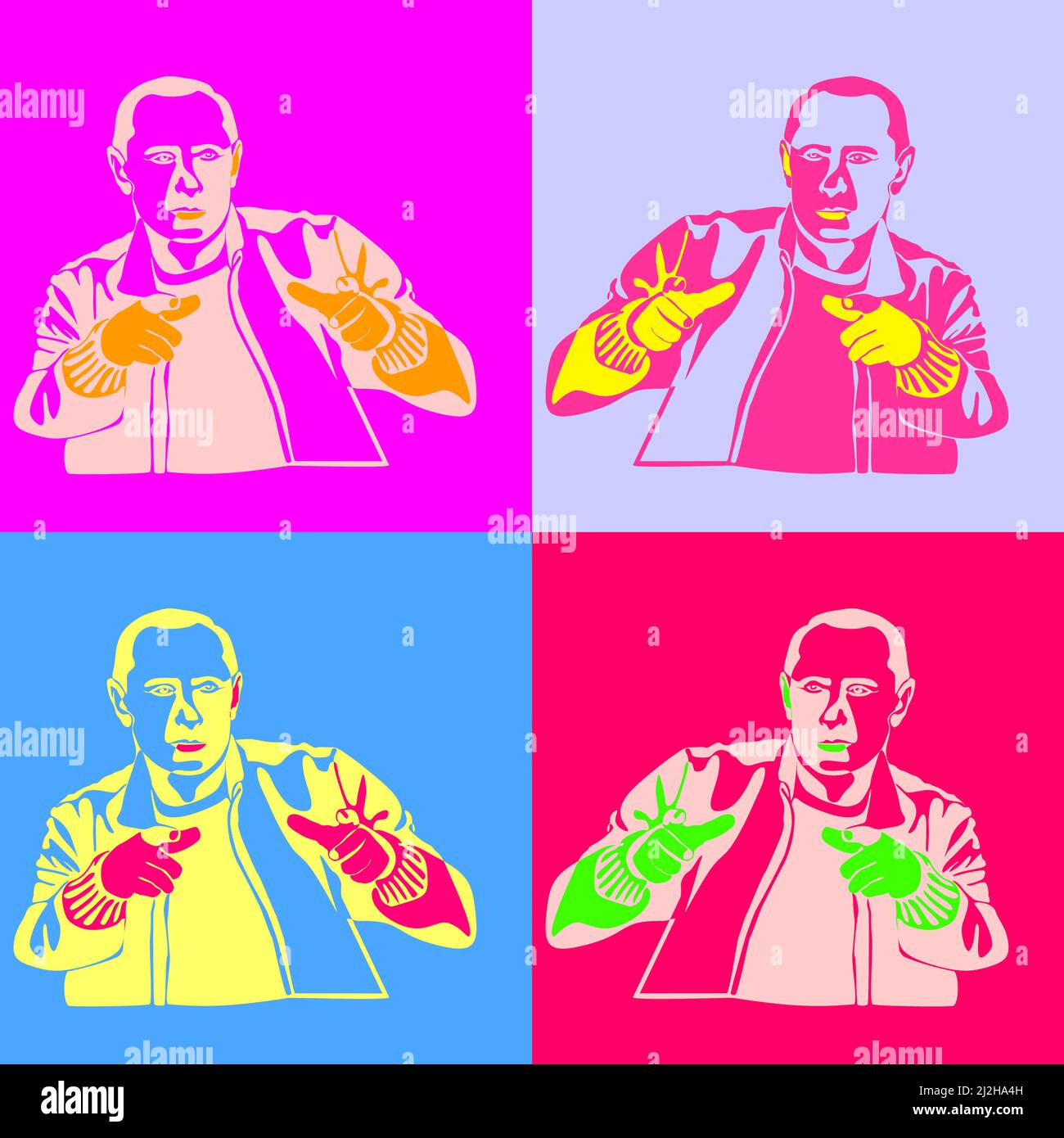 Poster with a portrait of Russian President. Vladimir Putin wearing leather jacket with fingers folded like a gun pop art style in four different colo Stock Vector