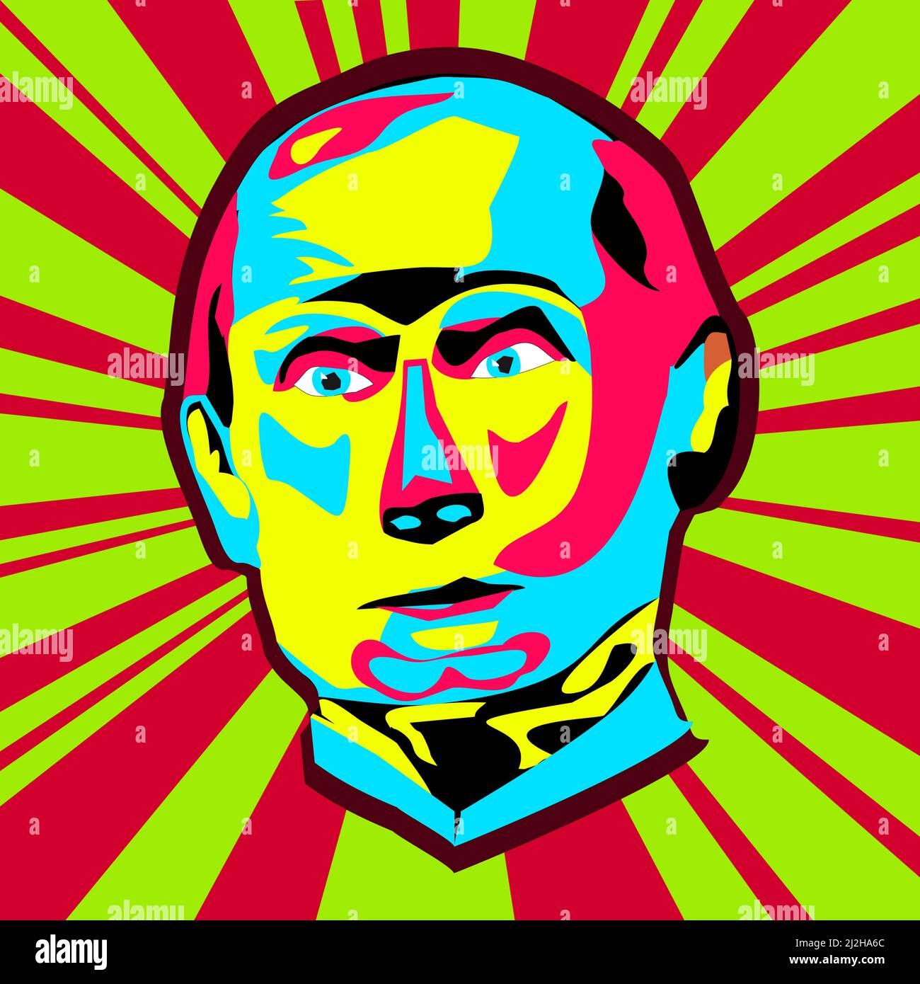 Poster with a portrait of Russian President Vladimir Putin on the background of rays in pink and green colors pop art style vector illustration Stock Vector