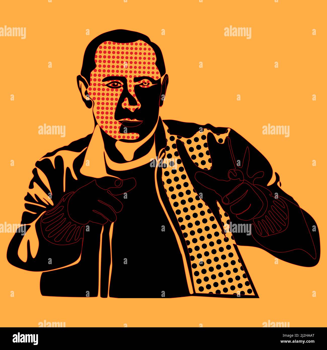 Poster with a portrait of Russian President. Vladimir Putin with fingers folded like a gun on the orange background colors pop art style vector illust Stock Vector