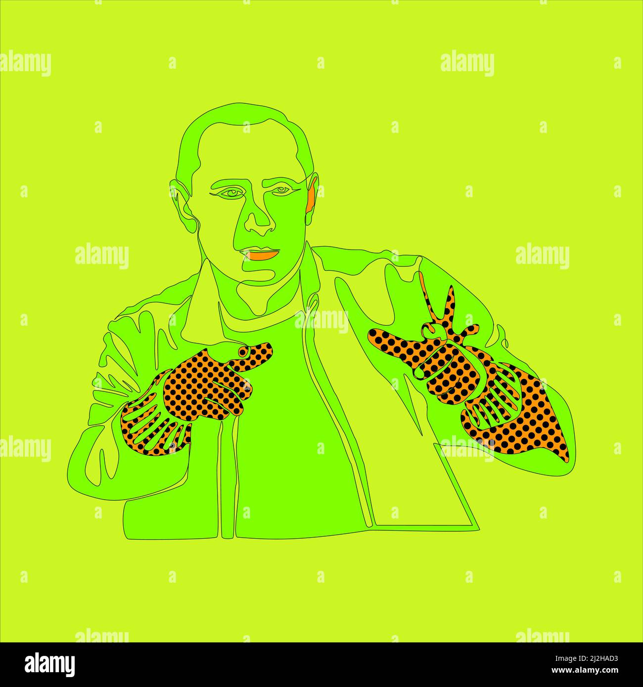 Poster with a portrait of Russian President. Vladimir Putin with fingers folded like a gun on the green background colors pop art style vector illustr Stock Vector