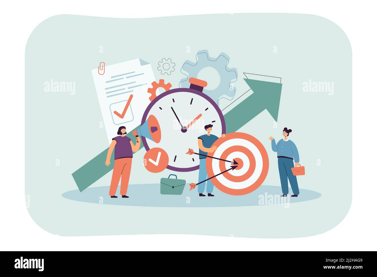 Tiny people with clock, checklist and target. Productive cartoon characters achieving goal flat vector illustration. Discipline, time management conce Stock Vector