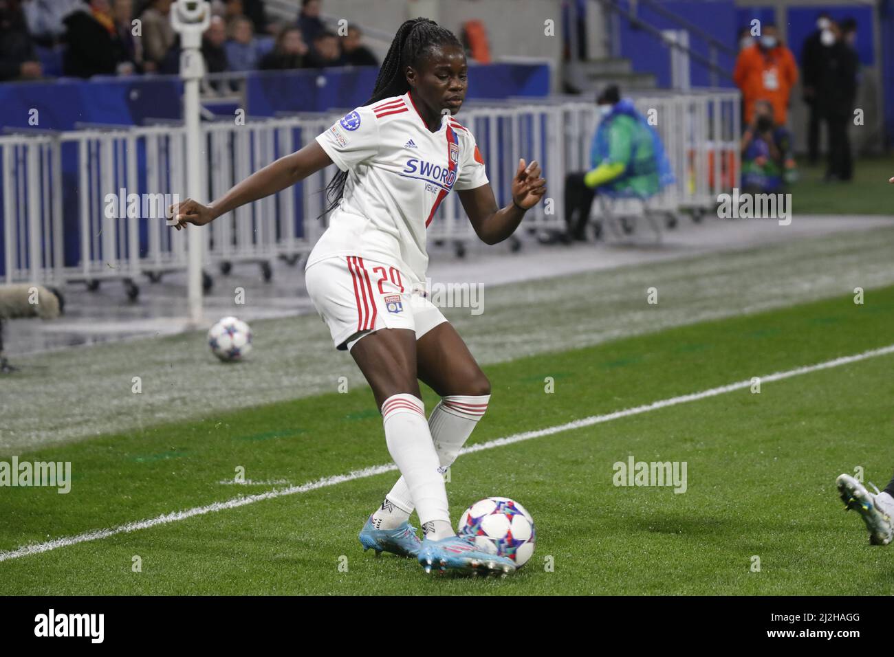 Griedge MBOCK of Lyon during the UEFA Women's Champions League,  Quarter-finals, 2nd leg football match between Olympique Lyonnais (Lyon)  and Juventus FC on March 31, 2022 at Groupama stadium in Decines-Charpieu  near