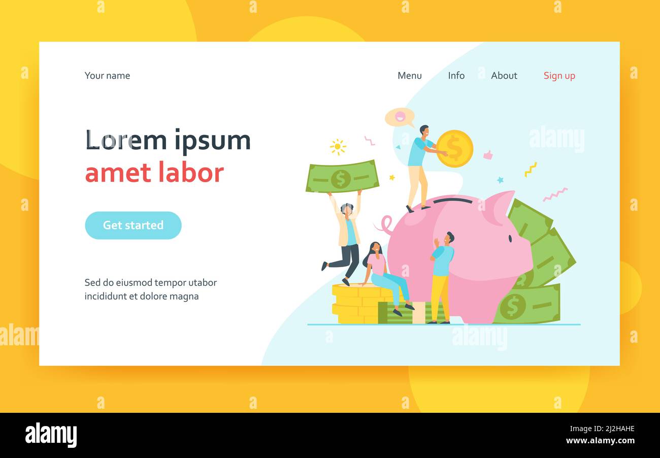 Tiny people saving money in piggy bank isolated flat vector ...